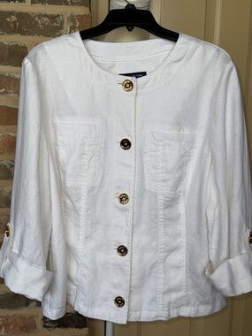 Jones NY White Button-Up Linen Jacket Gold Buttons Tab Sleeve Timeless Classic